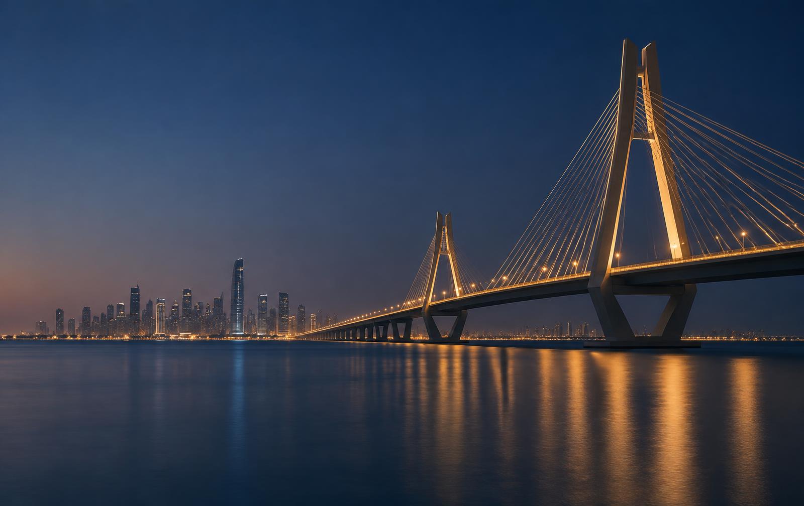 Cable-stayed bridge at dusk leading toward a Gulf city skyline
